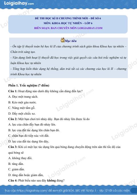 Đề thi học kì 2 KHTN 6 Chân trời sáng tạo - Đề 6